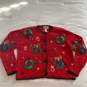 Vtg HAMPSHIRE STUDIO Christmas wreath cardigan size L